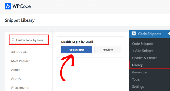 Search for the Disable Login by Email snippet in WPCode library