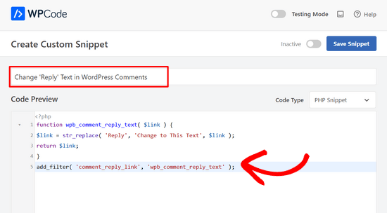 Paste the code for changing the Reply text in WordPress comments