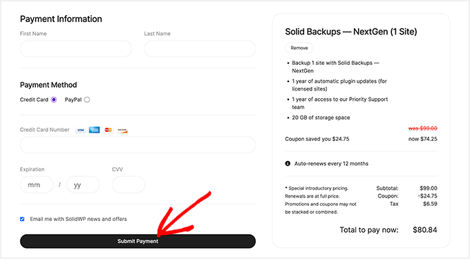 SolidWP Solid Backups Payment and Checkout