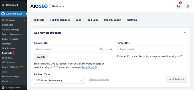 All in One SEO Redirects Tab