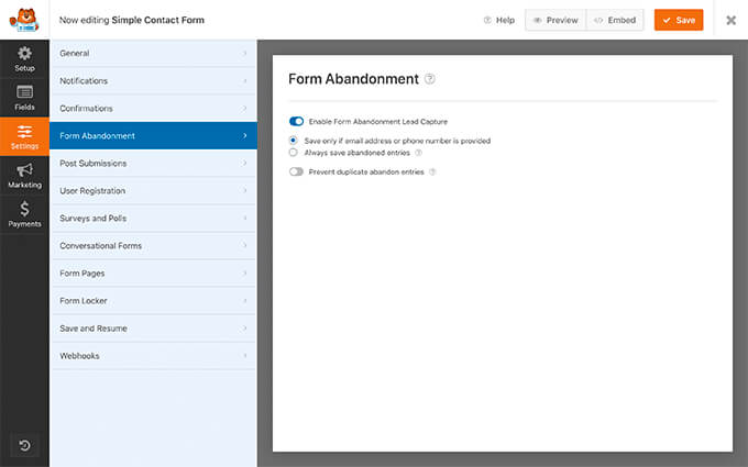 WPForms Form Abandonment Settings