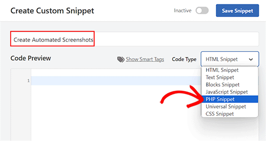 Choose PHP snippet for automated screenshots