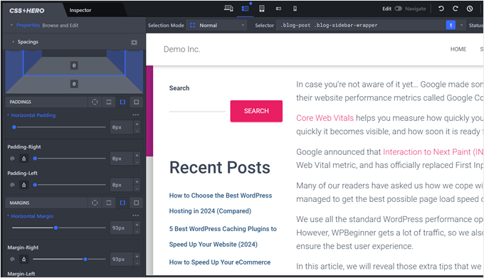 Changing the Spacings settings in CSS Hero