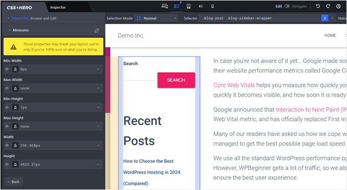 Changing the Measures settings in CSS Hero