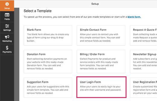 Seleziona il modello del modulo di login dell'utente