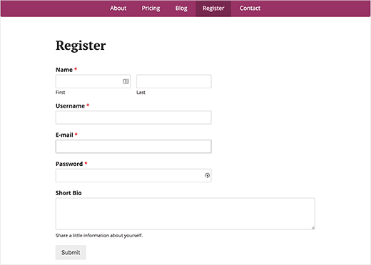 Pagina di registrazione utente personalizzata