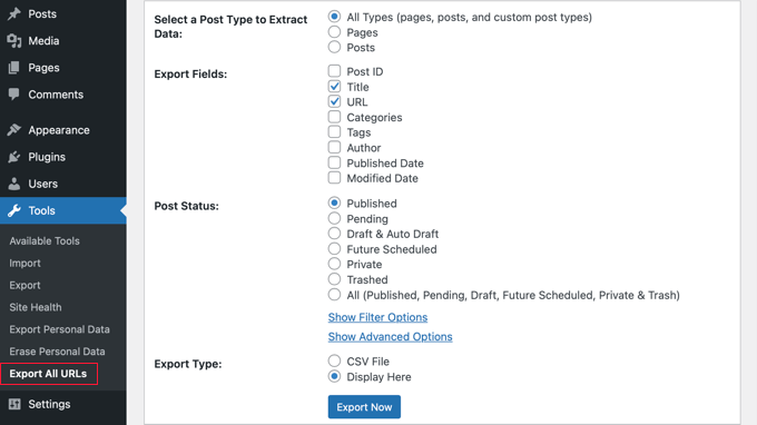 Export all URLs settings page