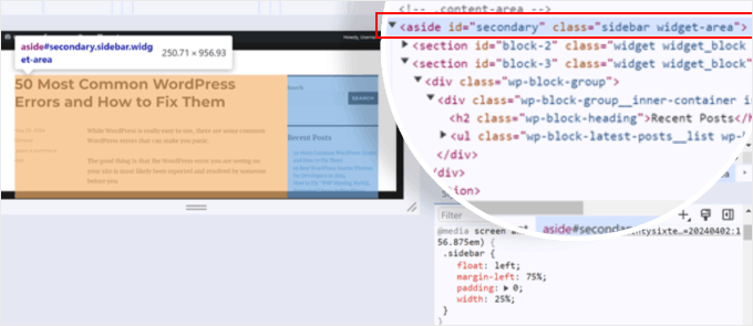 Locating the line that defines the WordPress sidebar area