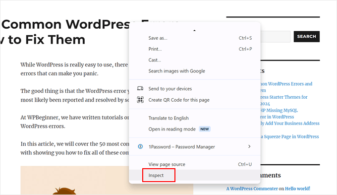 Inspecting the WordPress sidebar area