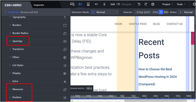 The Positions, Measures, and Spacings settings in CSS Hero