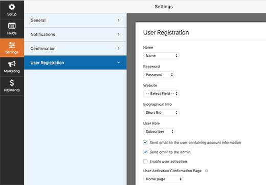 Configuración del formulario de registro de usuarios