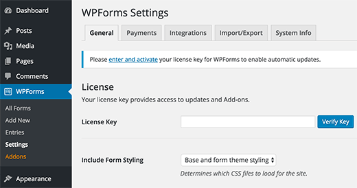 WPForms license key