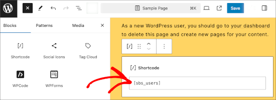 Add user count shortcode in block editor