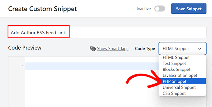 为作者 RSS Feed 代码选择 PHP 片段选项