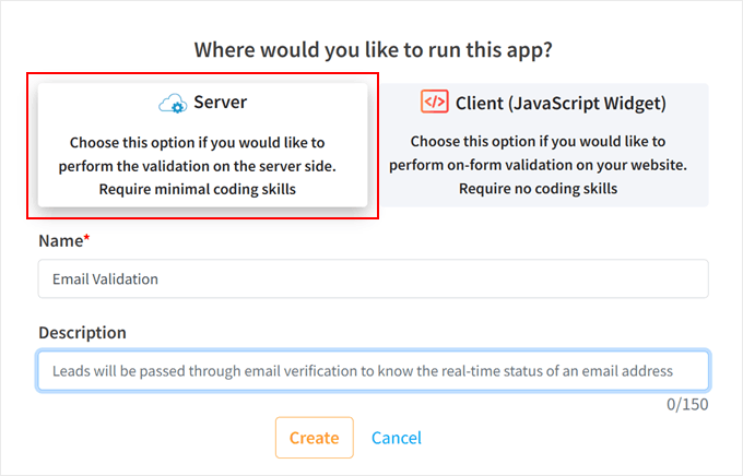 Choosing the Server option in the Create App popup in Clearout