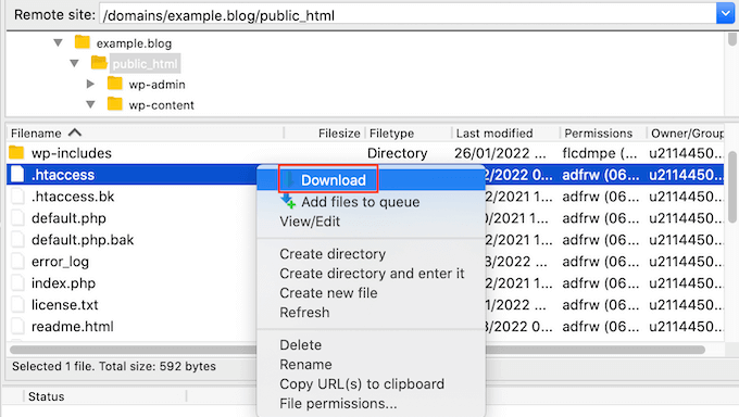 Downloading the WordPress .htaccess file