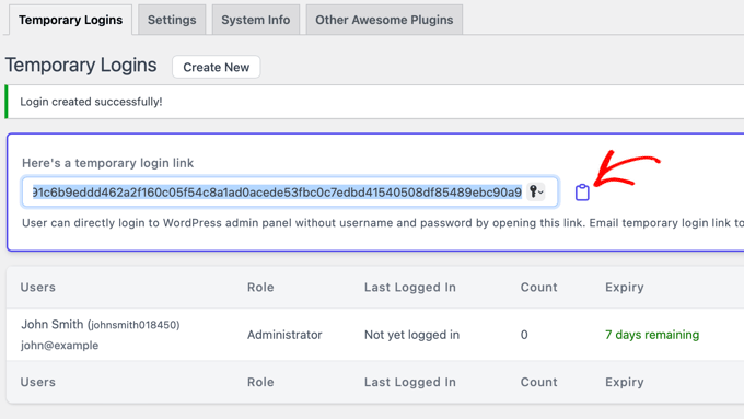 Click to copy the temporary login URL.