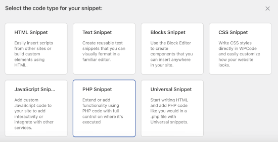 Choosing PHP as the code type