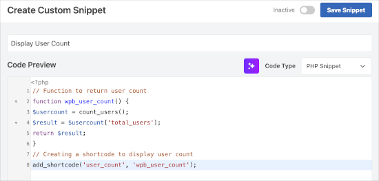 The Display User Count code snippet