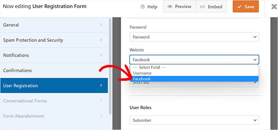 Choose custom field from the website dropdown menu