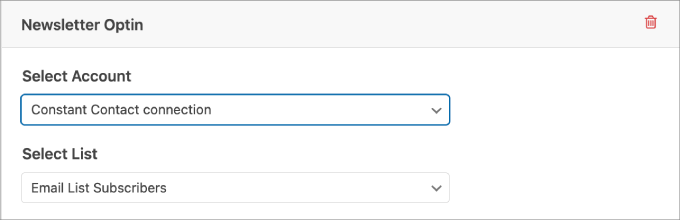 select constant contact account and list