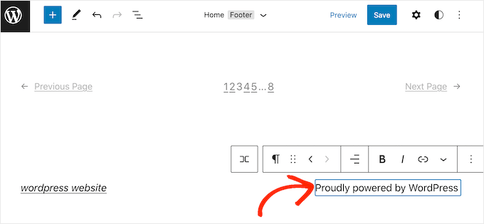 使用完整的站点编辑器编辑“自豪地由 WordPress 提供支持”信用