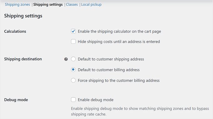 WooCommerce shipping settings