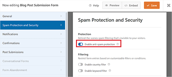 Configure spam protection settings for the form