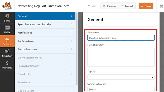 Configure the general form settings