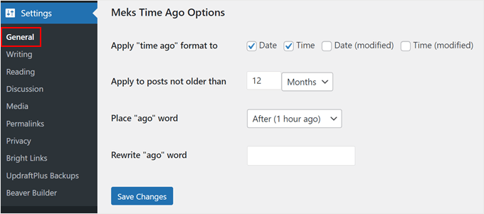 The Meks Time Ago plugin settings