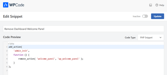 WPCode's Remove Dashboard Welcome Panel snippet