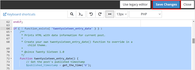 Saving changes made to the template tag file in the file manager