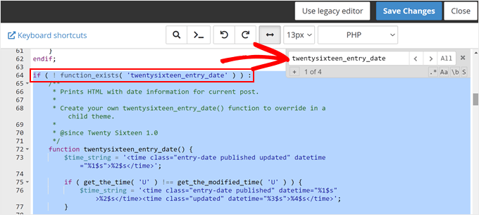 Finding the code responsible for displaying post dates in a WordPress theme file using the file manager