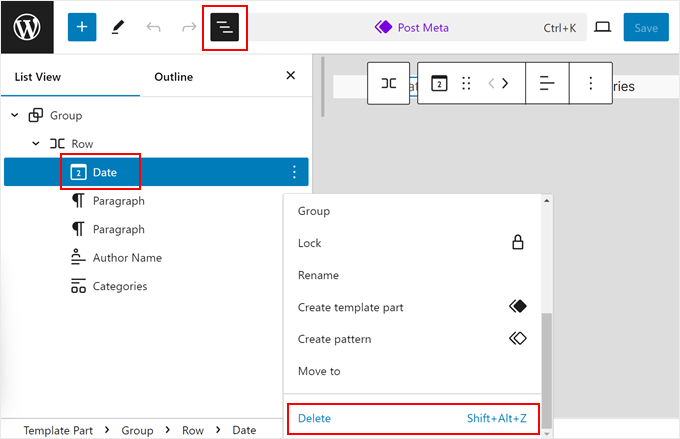 Selecting the Date block in the Post Meta template part