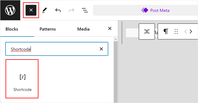 Adding a shortcode block in the full site editor