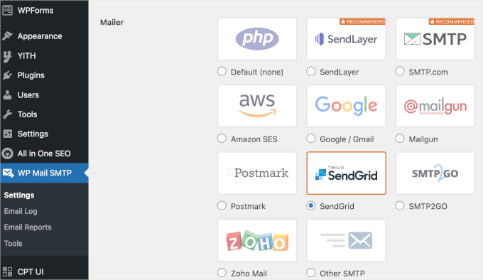 Selecting SendGrid as mailer