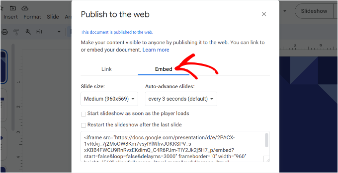 Copy the Google Slides embed code