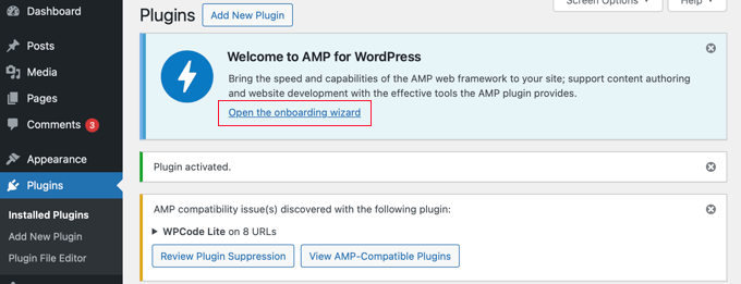 Open the AMP Plugin's Onboarding Wizard