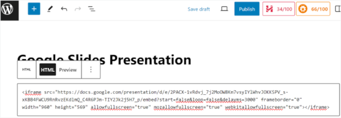 Paste Google slides embed code