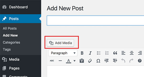 单击添加媒体按钮在 WordPress 中上传照片