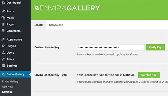 输入 Envira Gallery 许可证密钥