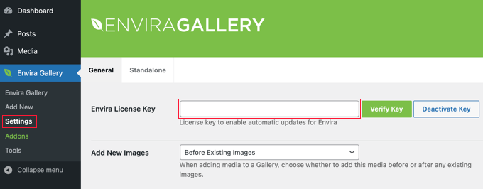 Add Envira Gallery License Key