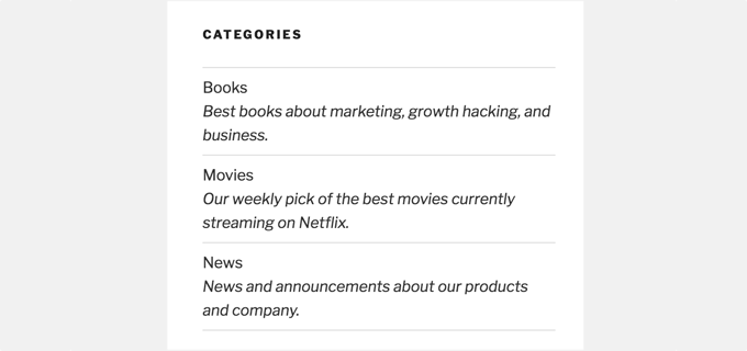 List WordPress categories with description