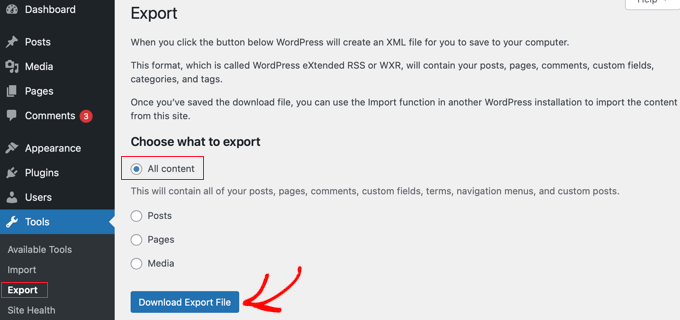 Export content from your secondary WordPress site