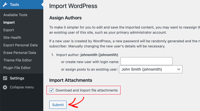 WordPress import settings