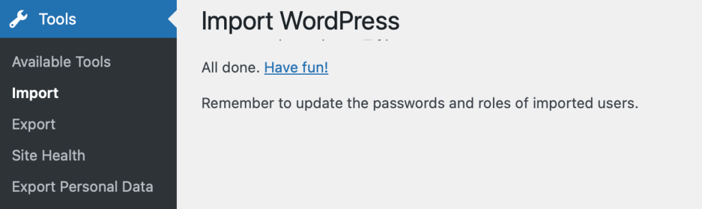 WordPress import finished