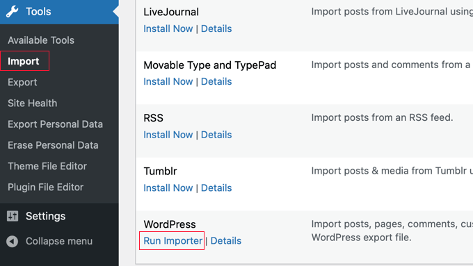 Run WordPress importer