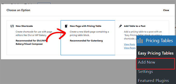 Choose where you want to add the pricing table