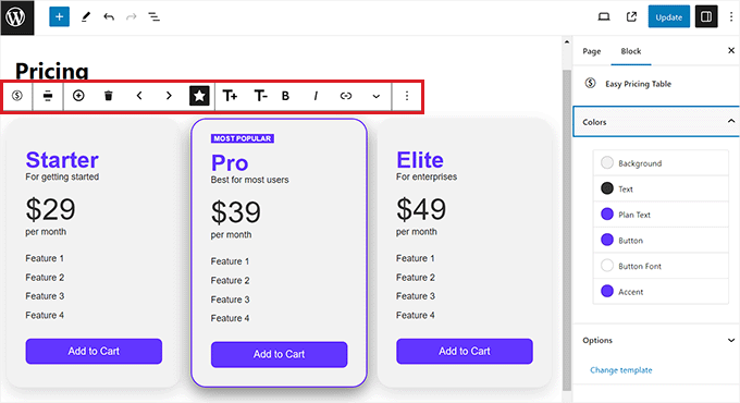 Edit pricing table