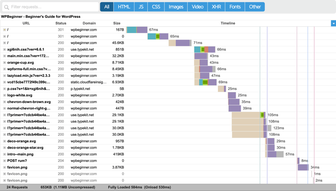 GTmetrix Report on Website Files Being Loaded